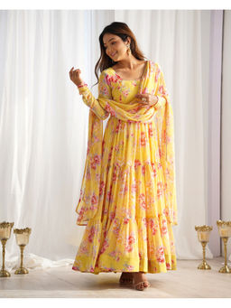 THE52 - Yellow Floral Printed Fox Georgette Flared Anarkali with Pant and Dupatta