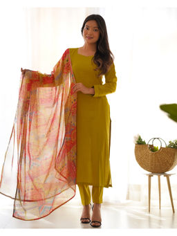 THE52 - Green Solid Viscose Straight Kurta with Pant and Dupatta
