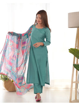 THE52 - Green Solid Viscose Straight Kurta with Pant and Dupatta