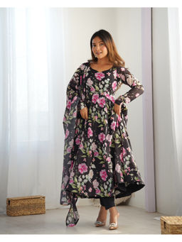THE52 - Black Floral Printed Organza Silk Flared Anarkali with Pant and Dupatta