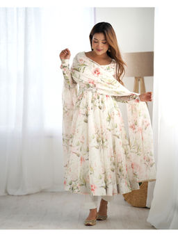 THE52 - White Floral Printed Organza Silk Flared Anarkali with Pant and Dupatta