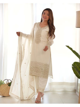 THE52 - White Embroidery Work Chinon Silk Straight Kurta with Pant and Dupatta