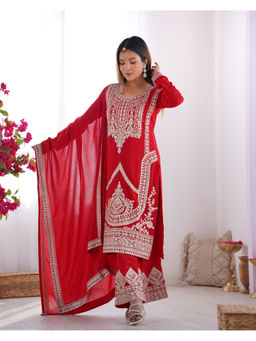 THE52 - Red Embroidery Work Vichitra Silk Straight Kurta with Pant and Dupatta