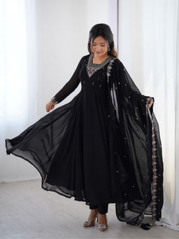 THE52 - Black Embroidery Work Fox Georgette Flared Anarkali with Pant and Dupatta