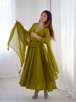 THE52 - Green Embroidery Work Fox Georgette Flared Anarkali with Pant and Dupatta