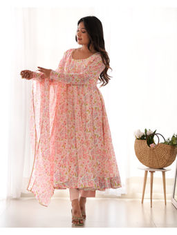 THE52 - Peach Floral Printed Chiffon Flared Anarkali with Pant and Dupatta