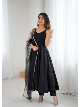 THE52 - Black Roman Silk Chanderi Flared Anarkali with Pant and Dupatta