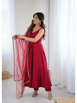 THE52 - Maroon Roman Silk Chanderi Flared Anarkali with Pant and Dupatta