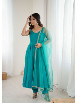 THE52 - Blue Roman Silk Chanderi Flared Anarkali with Pant and Dupatta