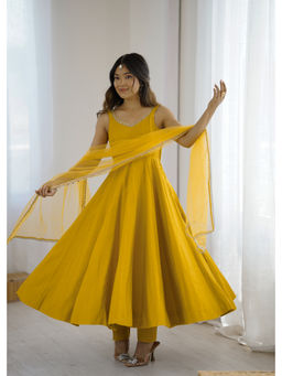 THE52 - Yellow Roman Silk Chanderi Flared Anarkali with Pant and Dupatta