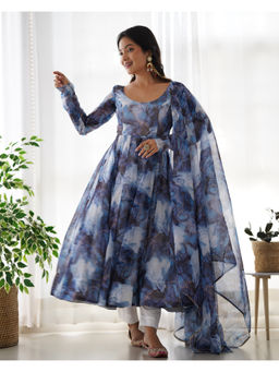 THE52 - Navy Blue Printed Organza Silk Flared Anarkali with Pant and Dupatta