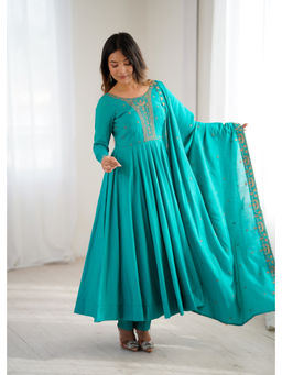 THE52 - Blue Embroidery Work Shimmer Chanderi Silk Flared Anarkali with Pant and Dupatta