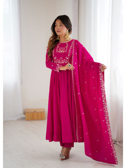 THE52 - Pink Embroidery Work Roman Chanderi Silk Flared Anarkali with Pant and Dupatta