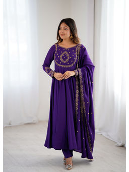 THE52 - Purple Embroidery Work Roman Chanderi Silk Flared Anarkali with Pant and Dupatta