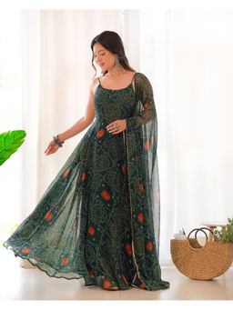 THE52 - Green Printed Chiffon Bandhej Flared Anarkali with Pant and Dupatta
