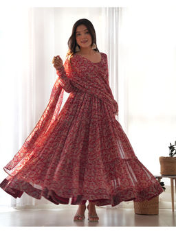 THE52 - Maroon Kalamkari Printed Fox Georgette Flared Anarkali with Pant and Dupatta