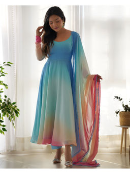 THE52 - Blue Ombre Fox Georgette Flared Anarkali with Pant and Dupatta