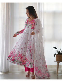 THE52 - White Floral Printed Organza Silk Flared Anarkali with Pant and Dupatta