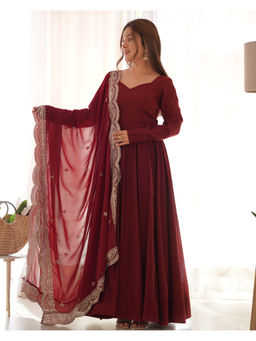 THE52 - Maroon Solid Roman Silk Chanderi Flared Anarkali with Pant and Dupatta