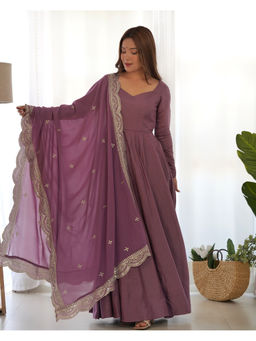THE52 - Mauve Solid Roman Silk Chanderi Flared Anarkali with Pant and Dupatta