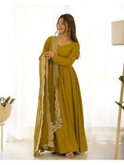 THE52 - Mustard Solid Roman Silk Chanderi Flared Anarkali with Pant and Dupatta