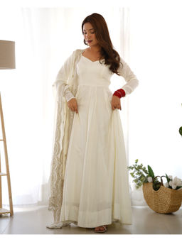 THE52 - Off White Solid Roman Silk Chanderi Flared Anarkali with Pant and Dupatta