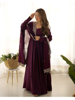 THE52 - Wine Solid Roman Silk Chanderi Flared Anarkali with Pant and Dupatta