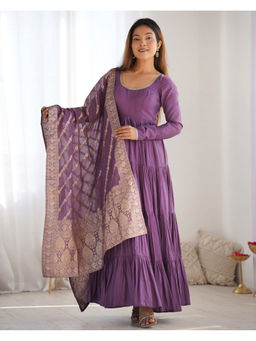 THE52 - Mauve Solid Roman Silk Chanderi Flared Anarkali with Pant and Dupatta