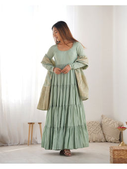 THE52 - Green Solid Roman Silk Chanderi Flared Anarkali with Pant and Dupatta