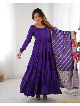 THE52 - Purple Solid Roman Silk Chanderi Flared Anarkali with Pant and Dupatta