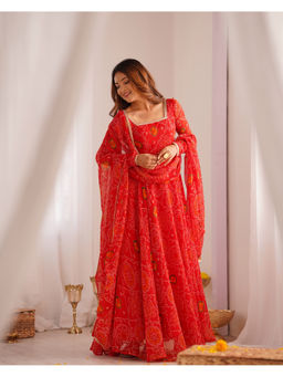 THE52 - Red Bandhani Printed Chiffon Flared Anarkali with Pant and Dupatta