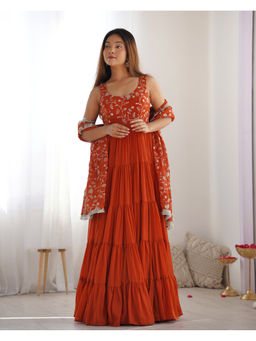 THE52 - Rust Embroidery Work Fox Georgette Flared Anarkali with Pant and Dupatta