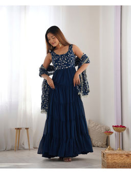 THE52 - Teal Embroidery Work Fox Georgette Flared Anarkali with Pant and Dupatta