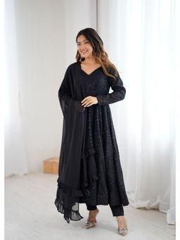 THE52 - Black Embroidery Fox Georgette Flared Anarkali with Pant and Dupatta