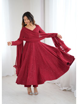 THE52 - Maroon Embroidery Fox Georgette Flared Anarkali with Pant and Dupatta