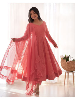 THE52 - Peach Embroidery Fox Georgette Flared Anarkali with Pant and Dupatta