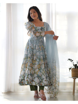 THE52 - Grey Floral Printed Organza Silk Flared Anarkali with Pant and Dupatta