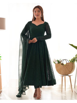 THE52 - Green Embroidery Fox Georgette Flared Anarkali with Pant and Dupatta