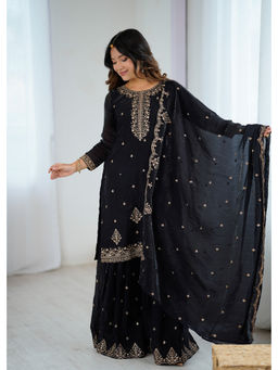 THE52 - Black Embroidery Crunchy Silk Straight Kurta with Sharara and Dupatta