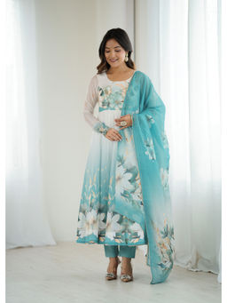 THE52 - Aqua Floral Printed Organza Silk Flared Anarkali with Pant and Dupatta