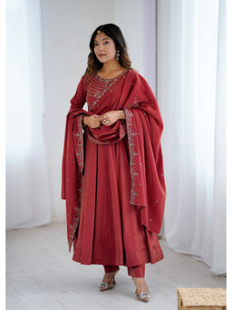 THE52 - Maroon Embroidery Chanderi Silk Flared Anarkali with Pant and Dupatta