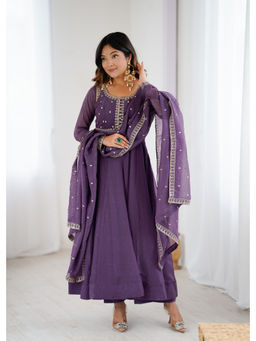 THE52 - Purple Embroidery Work Crunchy Silk Flared Anarkali with Pant and Dupatta