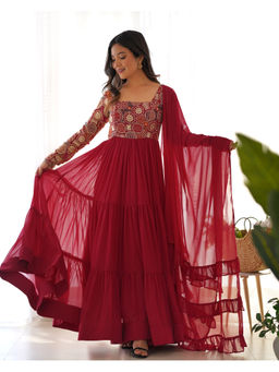 THE52 - Maroon Embroidery Work Faux Georgette Flared Anarkali with Pant and Dupatta
