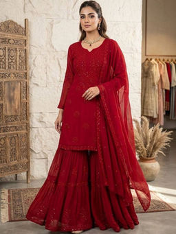 Mirraw - Vibrant Red Georgette Embroidery Kurta with Sharara and Dupatta