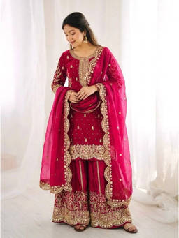 Mirraw - Rani Pink Heavily Embroidered Silk Blend Kurta with Sharara and Dupatta