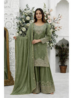 Mirraw - Light Olive Silk Blend Embroidered Kurta with Sharara and Dupatta