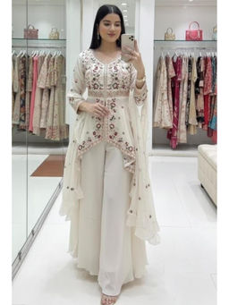 Mirraw - White Silk Blend Embroidered Kurta with Palazzo and Dupatta
