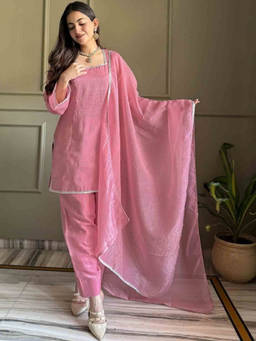 Mirraw - Pink Silk Blend Embroidered Kurta with Salwar and Dupatta