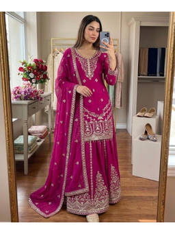 Mirraw - Dark Pink Embroidered Kurta with Sharara and Dupatta