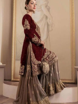 Mirraw - Maroon Faux Georgette Embroidered Kurta with Sharara and Dupatta
